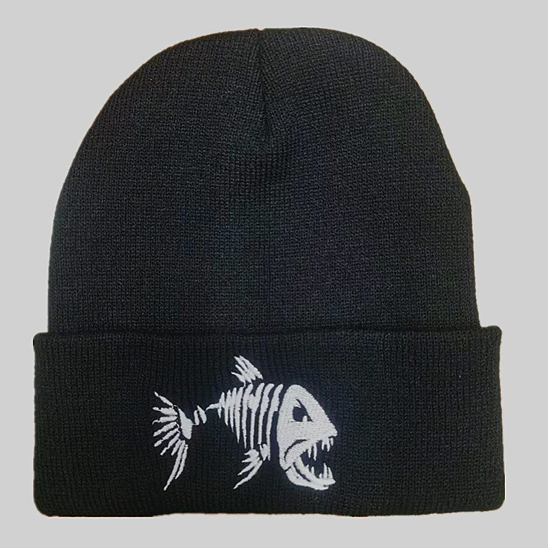 Bone Fish Embroidered Knit Beanie - Shadow Threadz Crypt