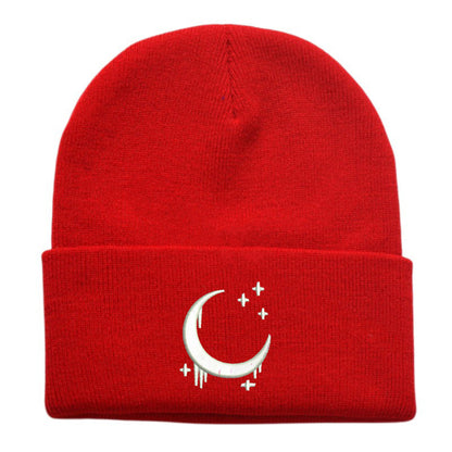 Embroidered Moon & Stars Knit Beanie Hat - Shadow Threadz Crypt