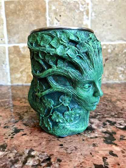 Dryad Mug, Green Hand Sculpted Resin I Stainless Steel Liner