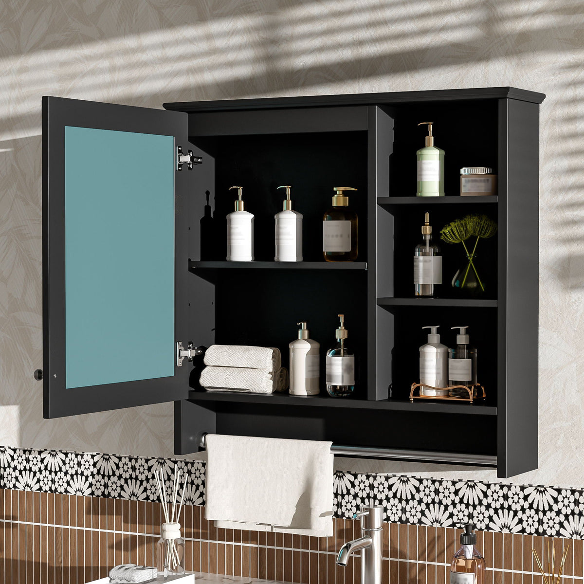 Wall Mount 2 In 1 Mirror Cabinet With Adjustable Shelf, Soft-Closing Hinges
