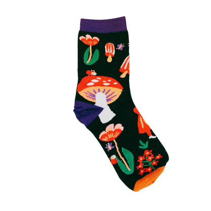 Amanita Trippy Mushroom Black Cotton Crew Socks