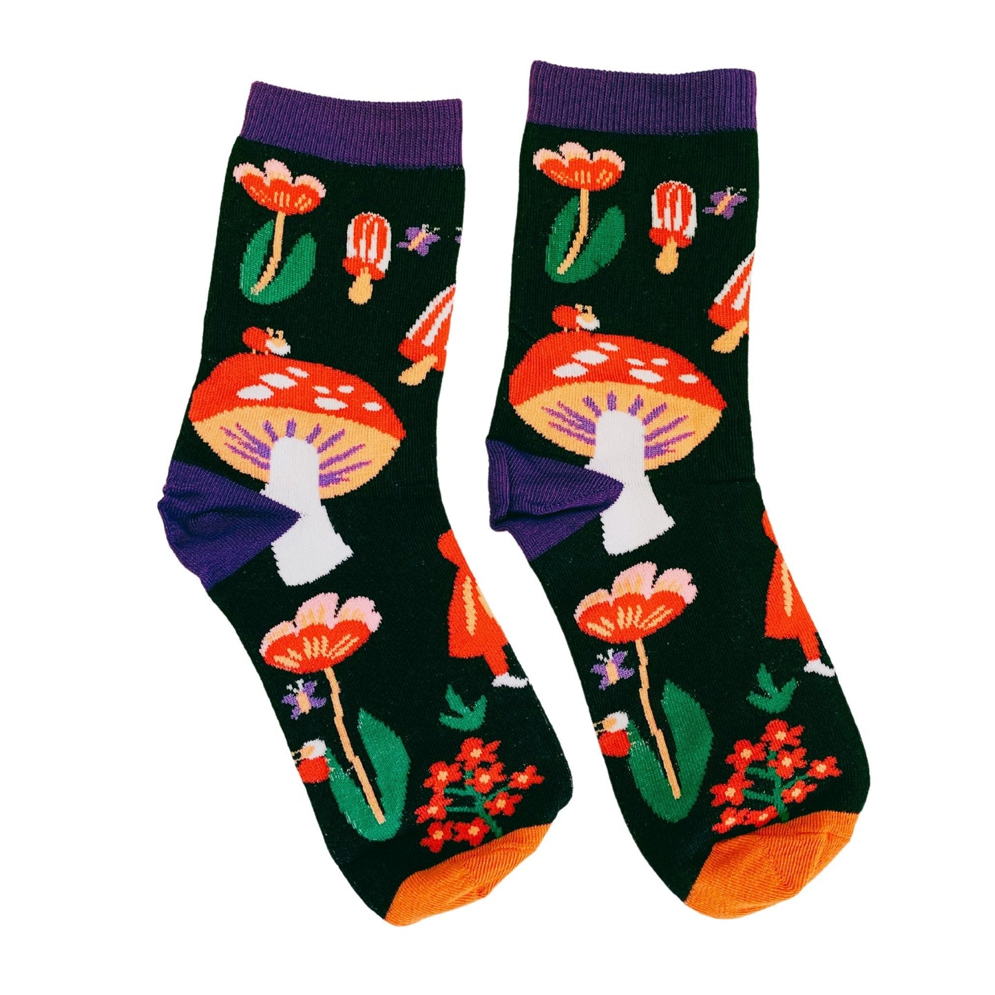 Amanita Trippy Mushroom Black Cotton Crew Socks