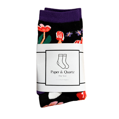 Amanita Trippy Mushroom Black Cotton Crew Socks