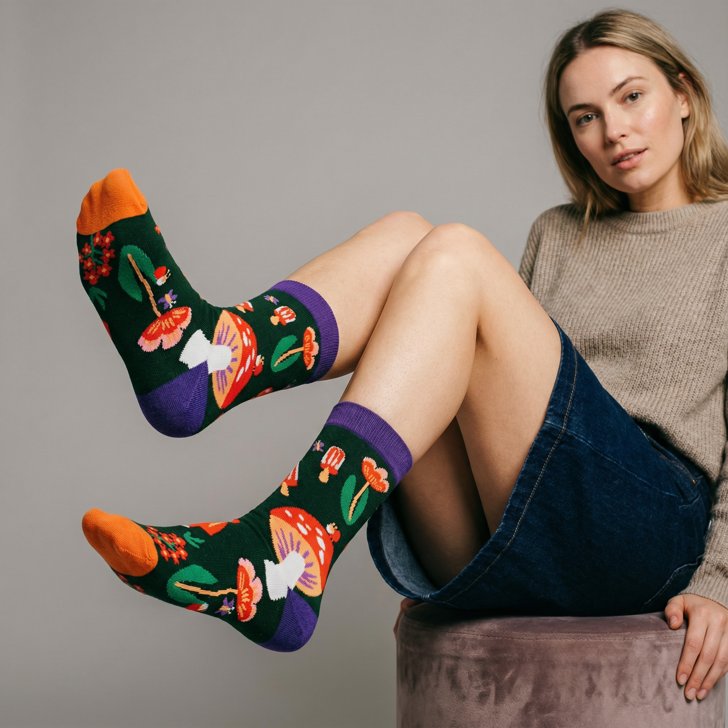 Amanita Trippy Mushroom Black Cotton Crew Socks