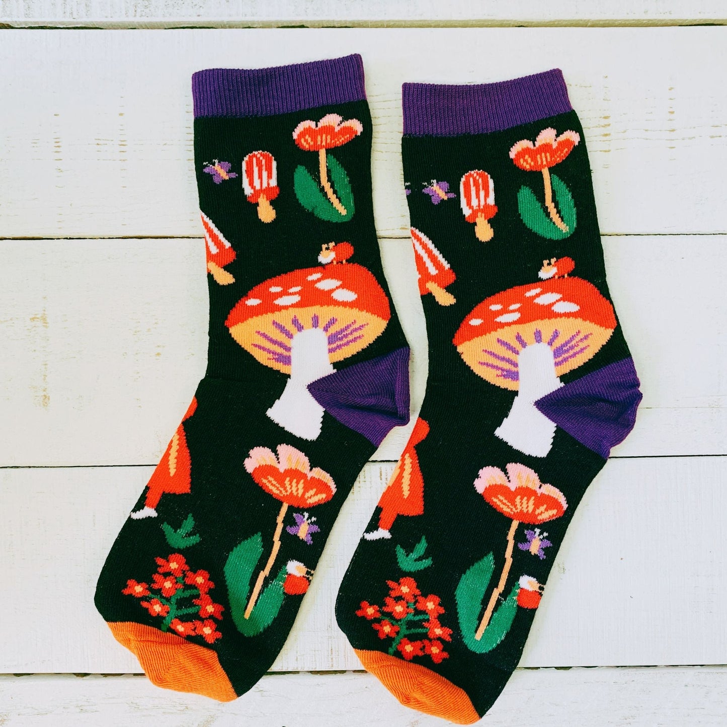 Amanita Trippy Mushroom Black Cotton Crew Socks