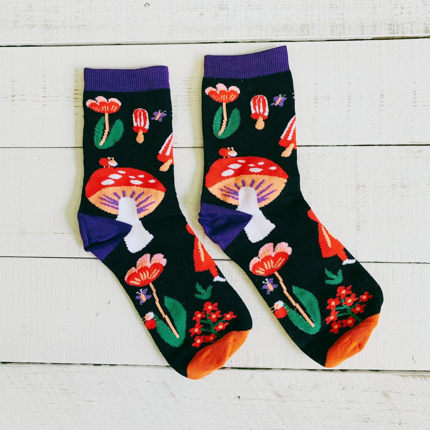 Amanita Trippy Mushroom Black Cotton Crew Socks