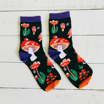 Amanita Trippy Mushroom Black Cotton Crew Socks