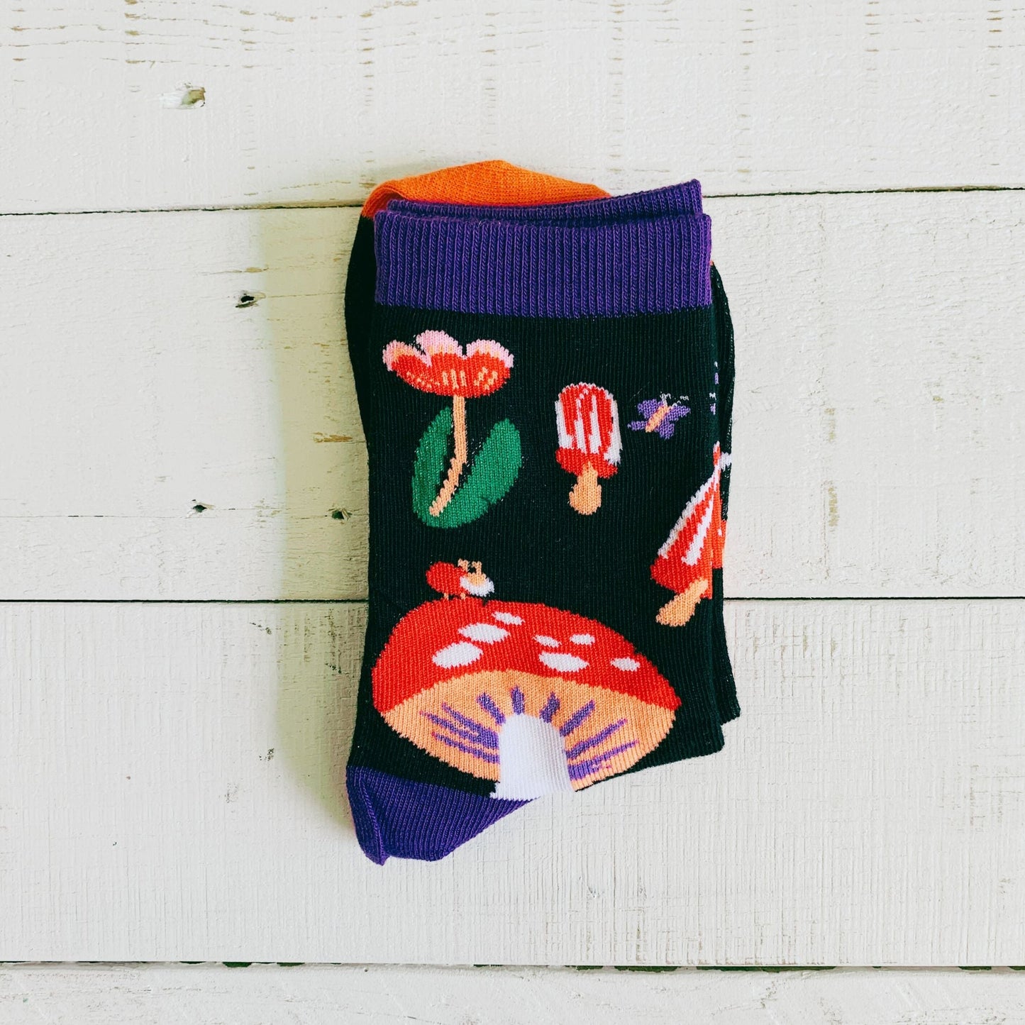 Amanita Trippy Mushroom Black Cotton Crew Socks