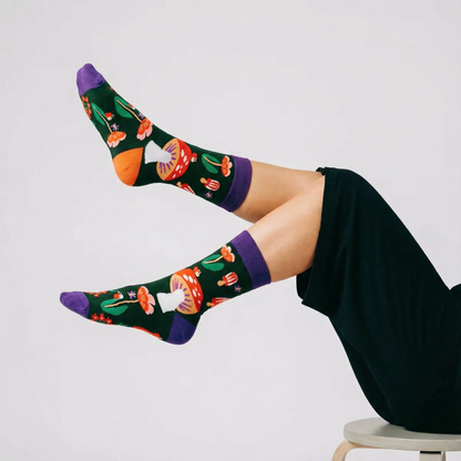 Amanita Trippy Mushroom Black Cotton Crew Socks