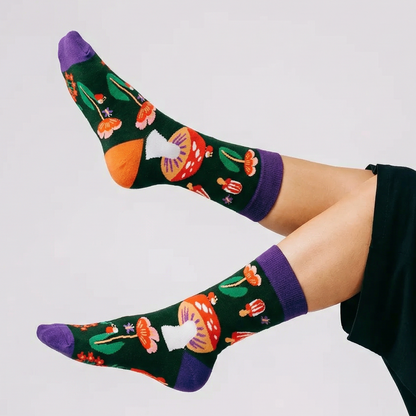 Amanita Trippy Mushroom Black Cotton Crew Socks