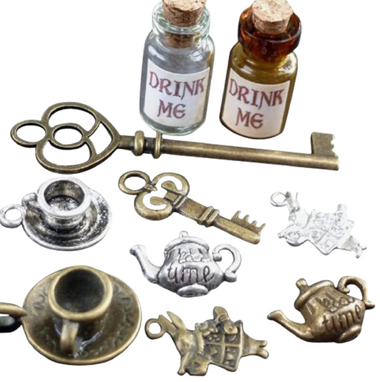 Alice in Wonderland Charms DIY Set 10pcs Vintage Teapot Key Rabbit Bottle Craft Kit