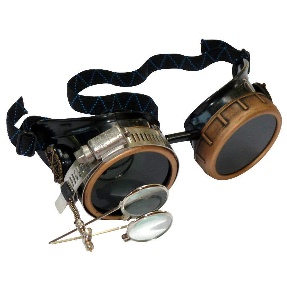 Handmade Victorian Steampunk Goggles with Loupe - blue, red, purple, black, clear, green, light blue lenses