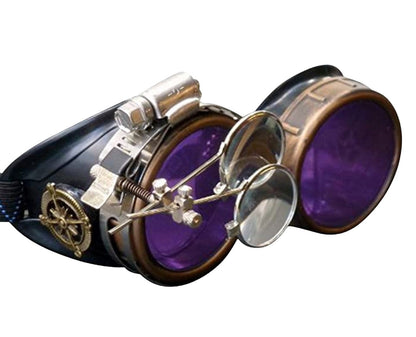 Handmade Victorian Steampunk Goggles with Loupe - blue, red, purple, black, clear, green, light blue lenses