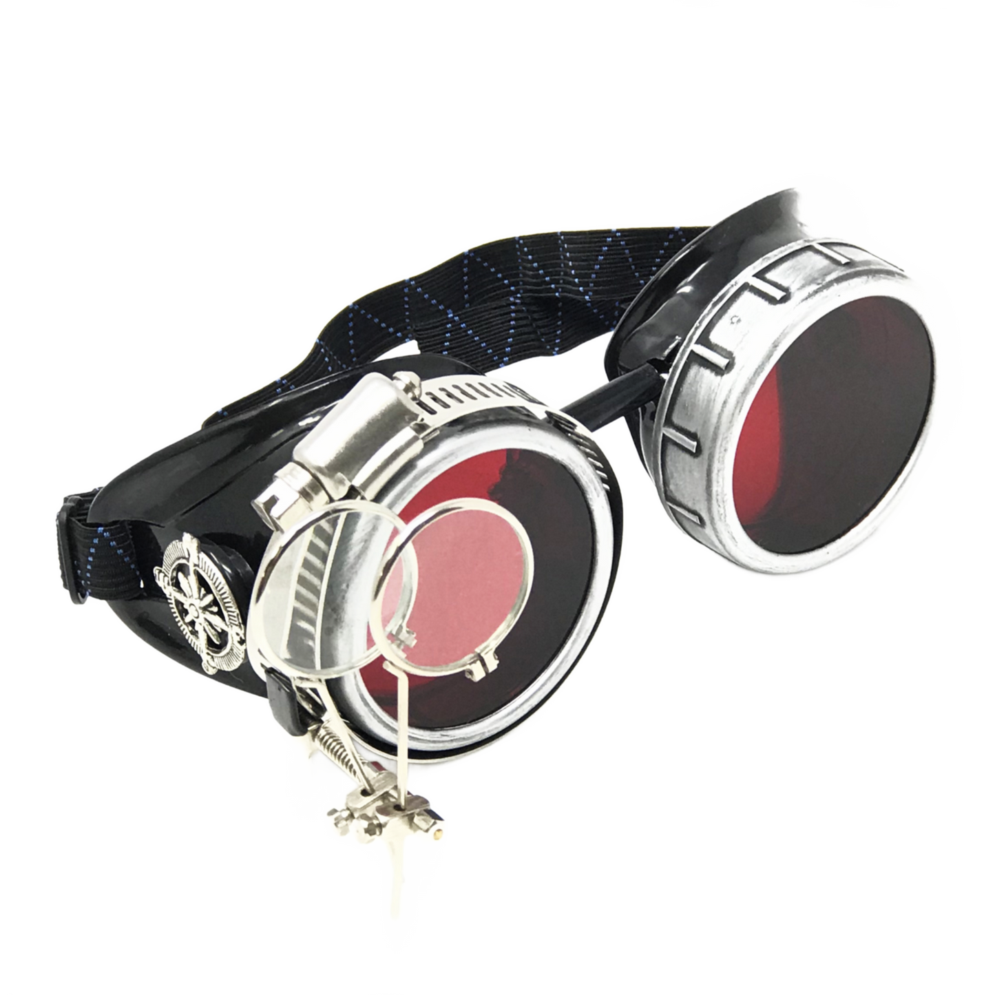 Handmade Steampunk Silver Goggles with Loupes - blue, red, green, clear, purple, black lenses