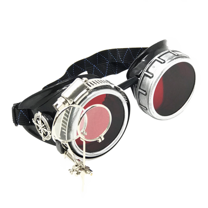 Handmade Steampunk Silver Goggles with Loupes - blue, red, green, clear, purple, black lenses