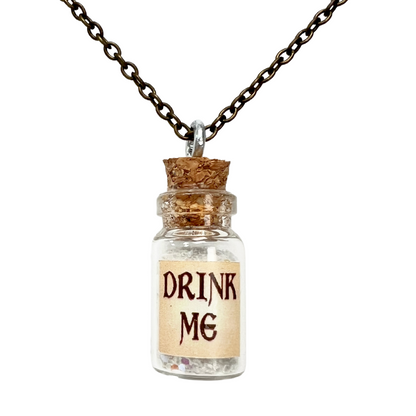 Drink Me Bottle Necklace Glass Vial Fantasy Jewelry Aqua Blue Rusty Glow in the Dark