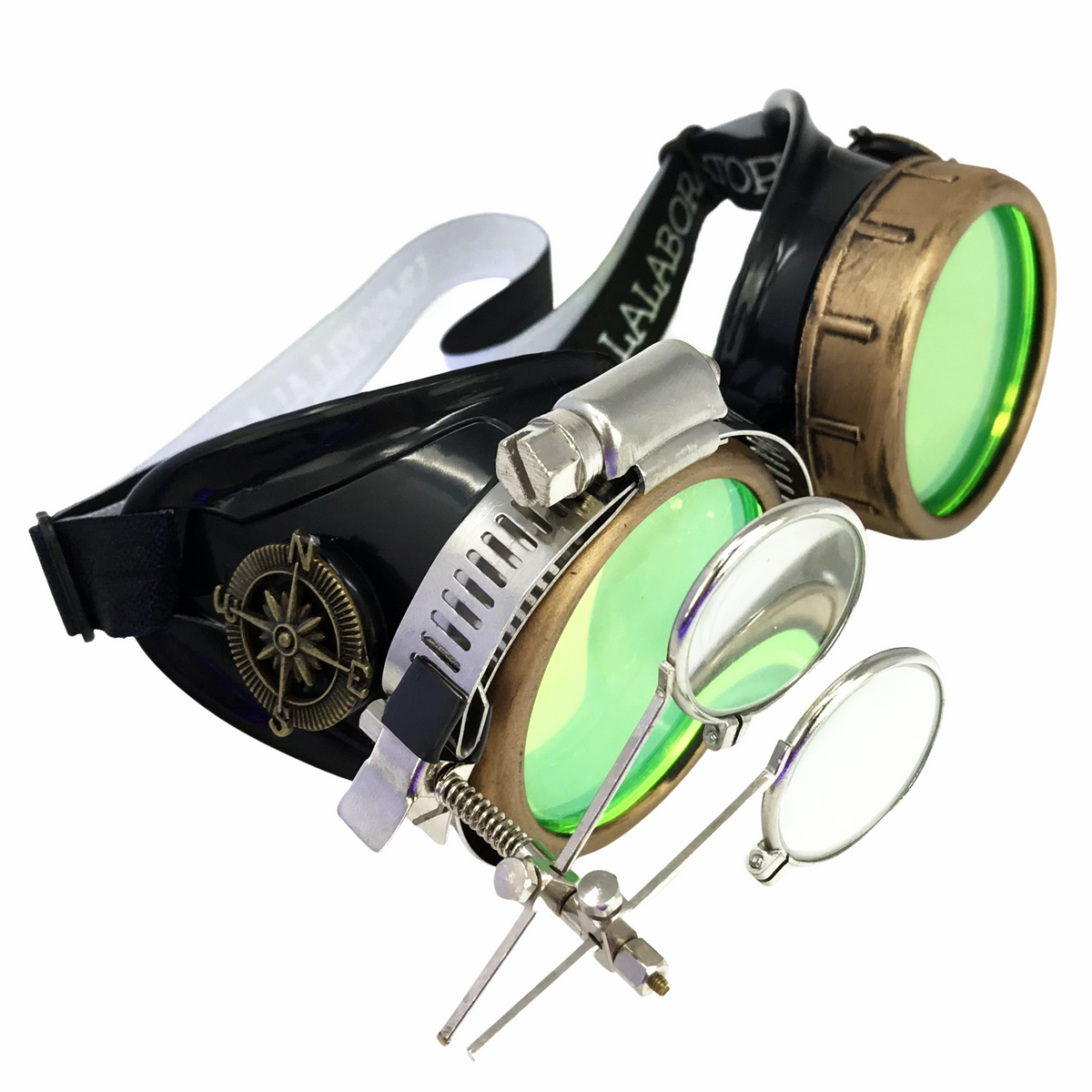 Handmade Steampunk Goggles with Magnifying Loupe - neon orange, blue, green, pink lenses