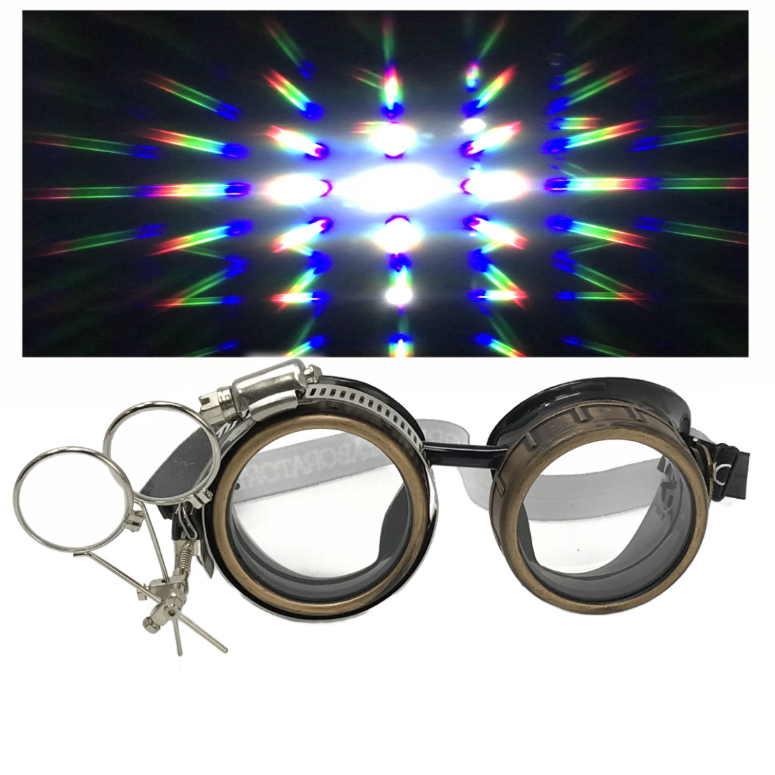 Handmade Steampunk Goggles with Loupe – Diffraction Lenses - neon pink, light blue, lime green, orange, and clear