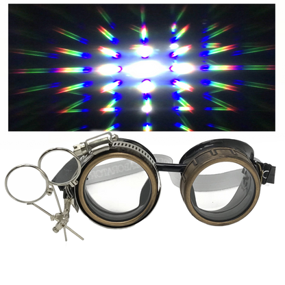 Handmade Steampunk Goggles with Loupe – Diffraction Lenses - neon pink, light blue, lime green, orange, and clear