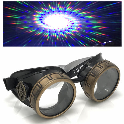 Steampunk Aviator Goggles Spiral Diffraction Lenses - pink, orange, lime green, clear lenses