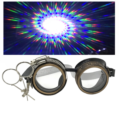 Handmade Steampunk Goggles with Loupe – Diffraction Lenses -neon pink, lime green, orange, and clear lenses