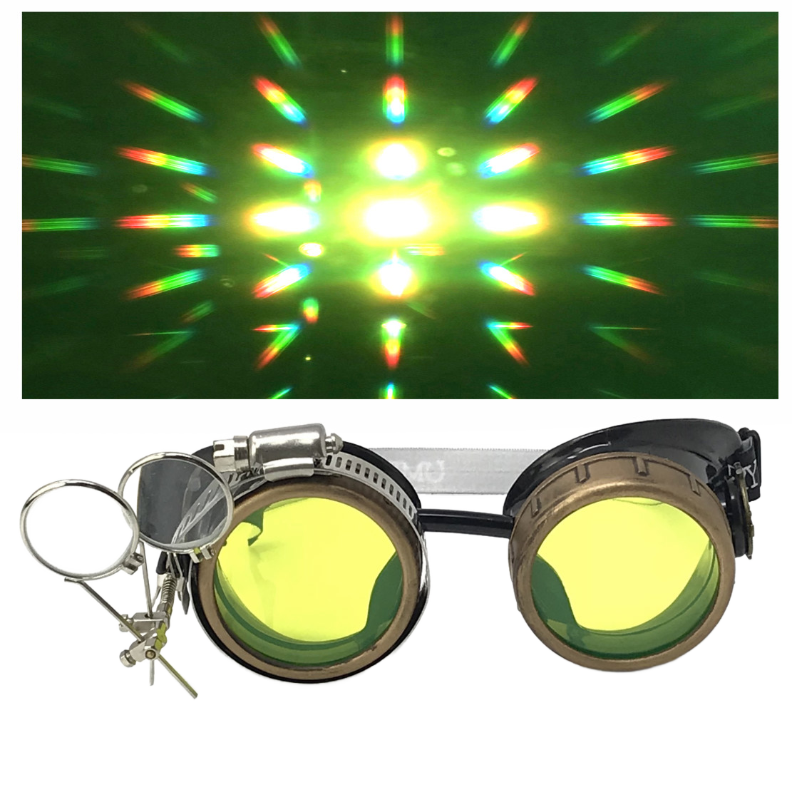 Handmade Steampunk Goggles with Loupe – Diffraction Lenses - neon pink, light blue, lime green, orange, and clear