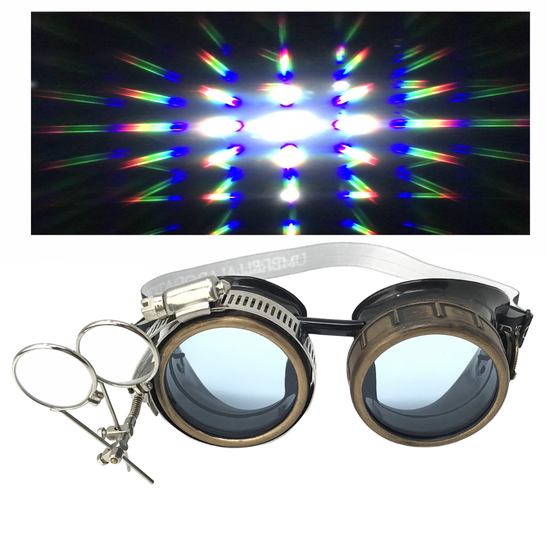 Handmade Steampunk Goggles with Loupe – Diffraction Lenses - neon pink, light blue, lime green, orange, and clear