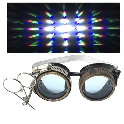 Handmade Steampunk Goggles with Loupe – Diffraction Lenses - neon pink, light blue, lime green, orange, and clear