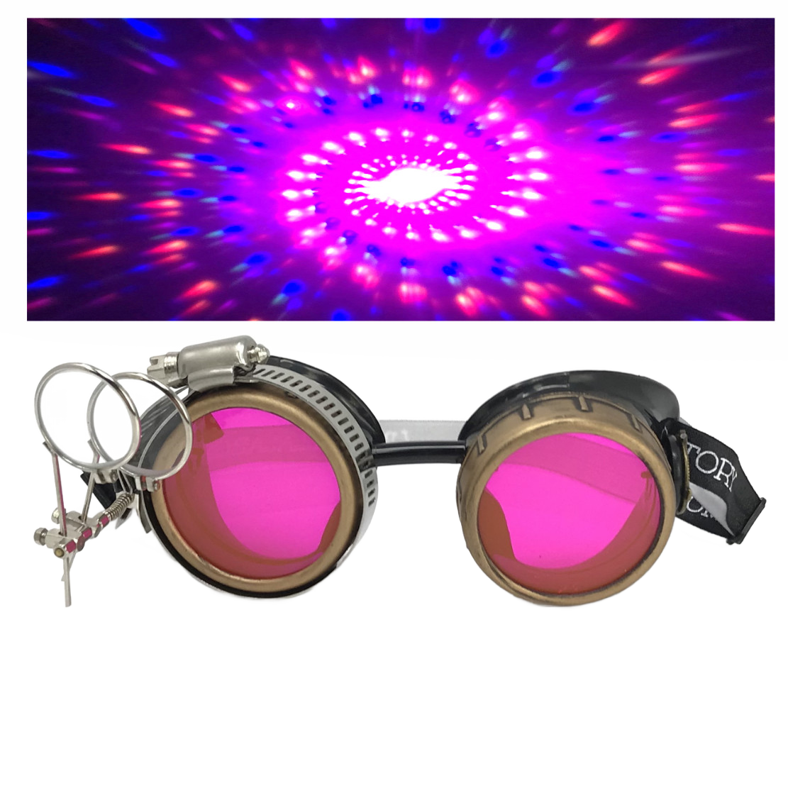 Handmade Steampunk Goggles with Loupe – Diffraction Lenses -neon pink, lime green, orange, and clear lenses