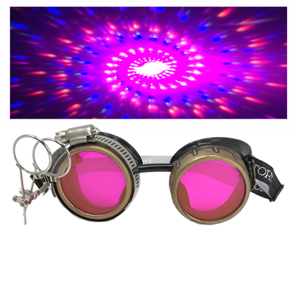 Handmade Steampunk Goggles with Loupe – Diffraction Lenses -neon pink, lime green, orange, and clear lenses