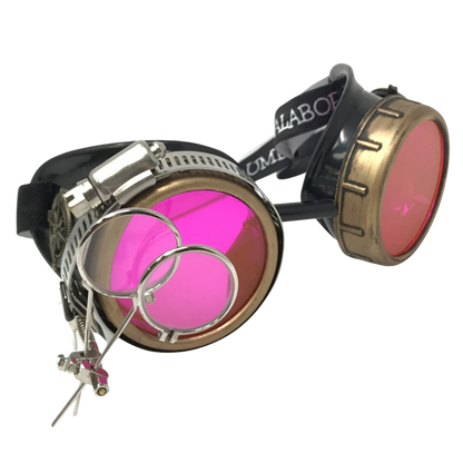 Handmade Steampunk Goggles with Magnifying Loupe - neon orange, blue, green, pink lenses