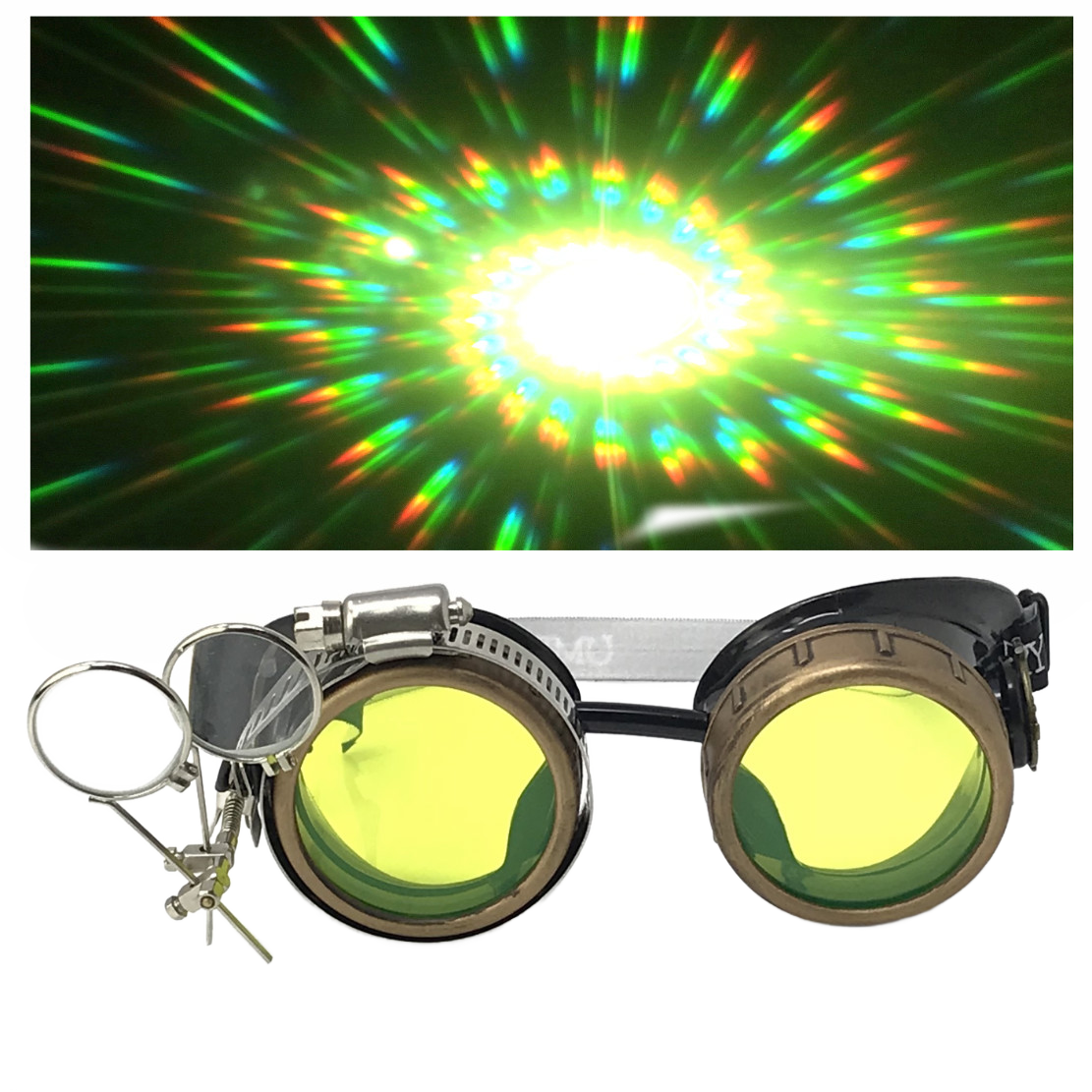 Handmade Steampunk Goggles with Loupe – Diffraction Lenses -neon pink, lime green, orange, and clear lenses