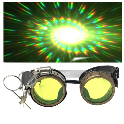 Handmade Steampunk Goggles with Loupe – Diffraction Lenses -neon pink, lime green, orange, and clear lenses