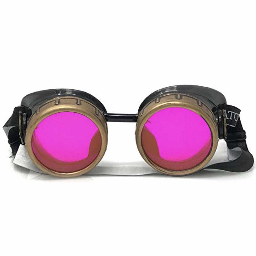 Mad Scientist - Aviator Steampunk Goggles - sky blue, pink, orange, lime green lenses