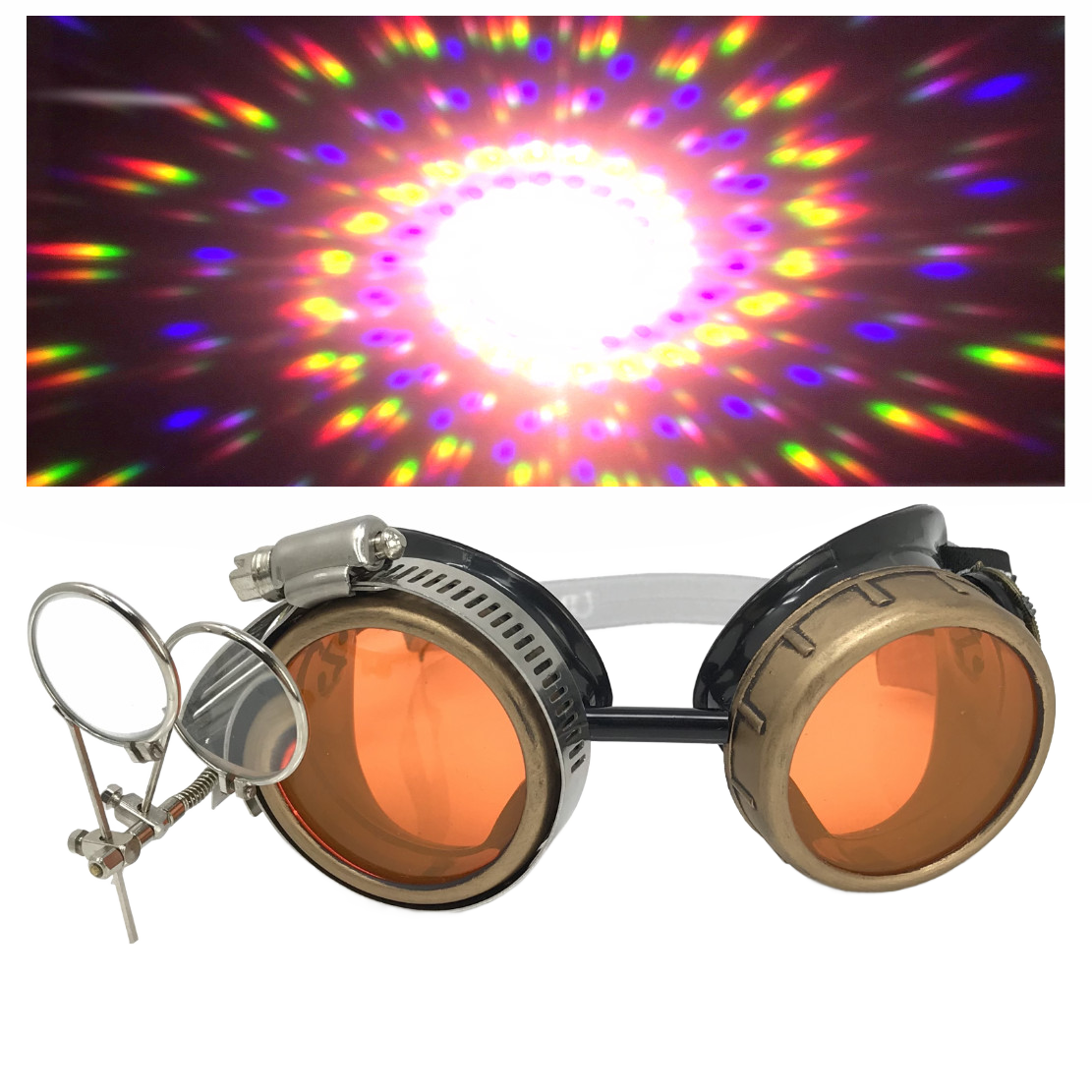 Handmade Steampunk Goggles with Loupe – Diffraction Lenses -neon pink, lime green, orange, and clear lenses