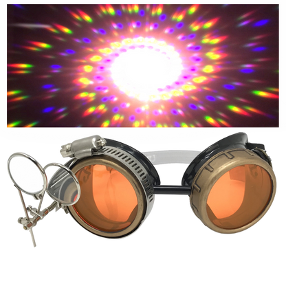 Handmade Steampunk Goggles with Loupe – Diffraction Lenses -neon pink, lime green, orange, and clear lenses