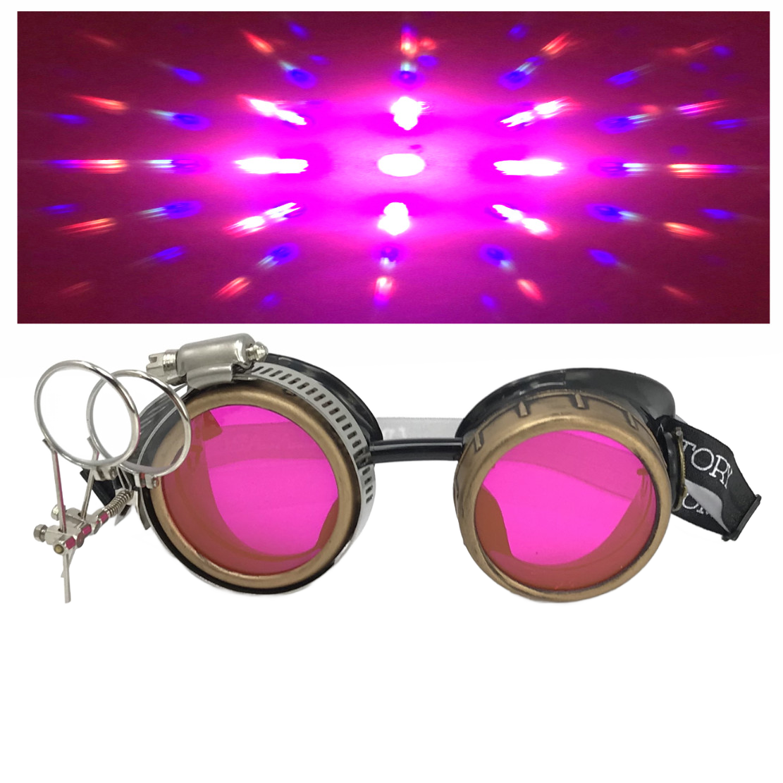 Handmade Steampunk Goggles with Loupe – Diffraction Lenses - neon pink, light blue, lime green, orange, and clear