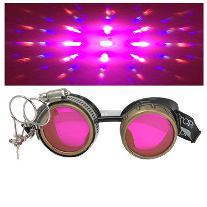 Handmade Steampunk Goggles with Loupe – Diffraction Lenses - neon pink, light blue, lime green, orange, and clear