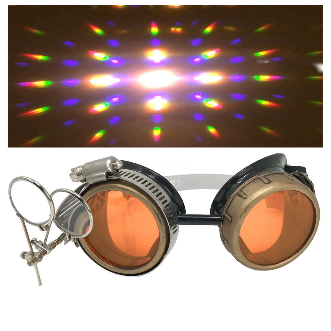 Handmade Steampunk Goggles with Loupe – Diffraction Lenses - neon pink, light blue, lime green, orange, and clear