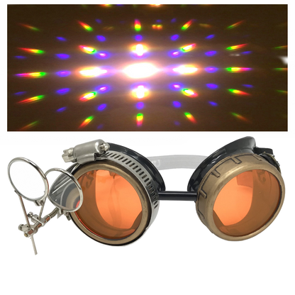 Handmade Steampunk Goggles with Loupe – Diffraction Lenses - neon pink, light blue, lime green, orange, and clear