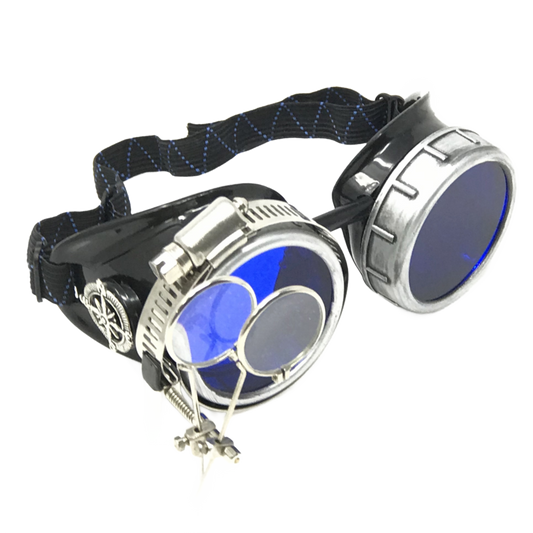 Handmade Steampunk Silver Goggles with Loupes - blue, red, green, clear, purple, black lenses