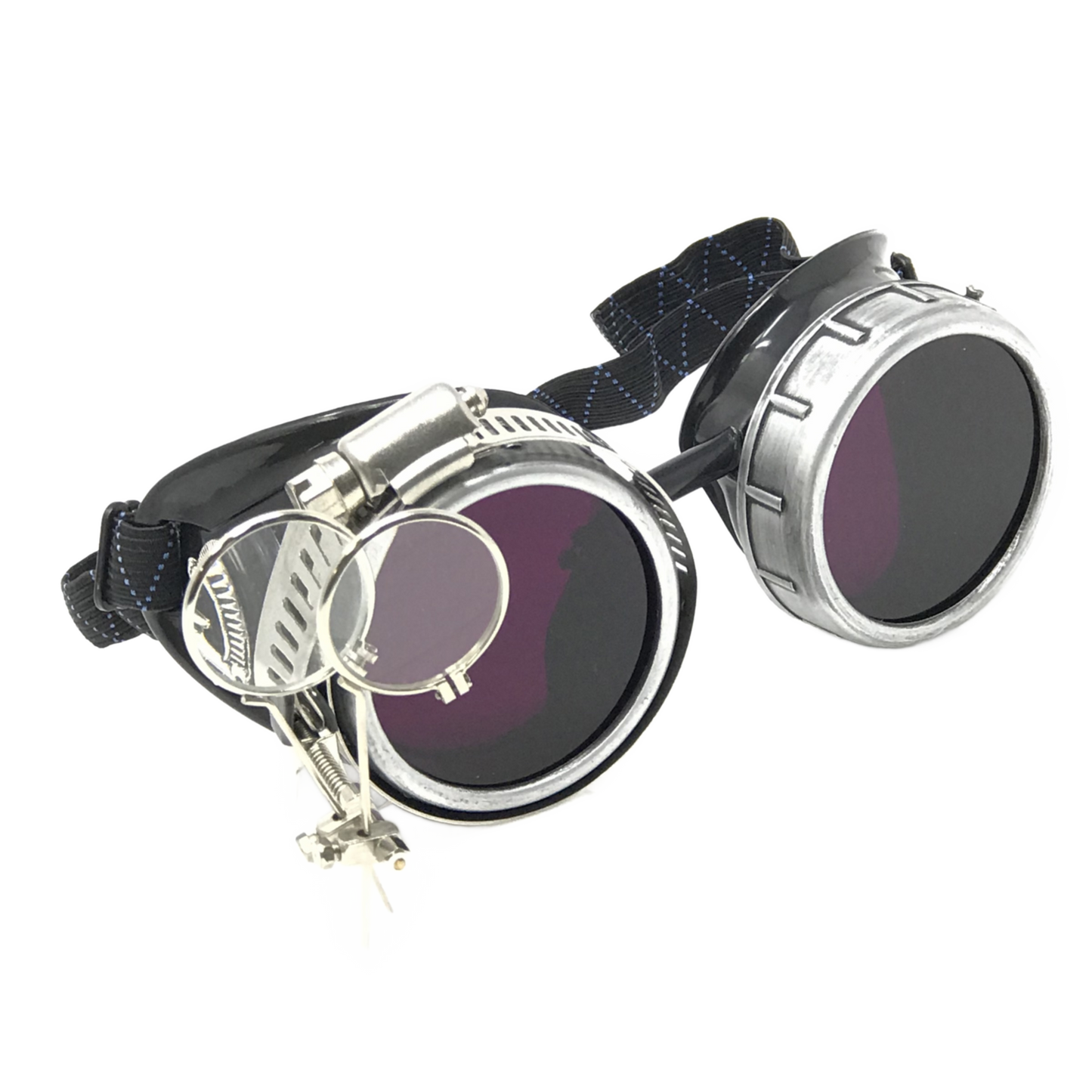 Handmade Steampunk Silver Goggles with Loupes - blue, red, green, clear, purple, black lenses