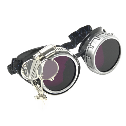 Handmade Steampunk Silver Goggles with Loupes - blue, red, green, clear, purple, black lenses