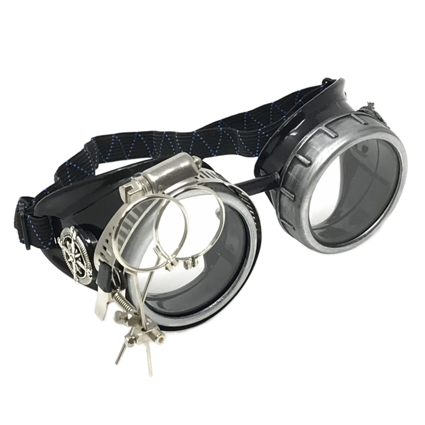 Handmade Steampunk Silver Goggles with Loupes - blue, red, green, clear, purple, black lenses