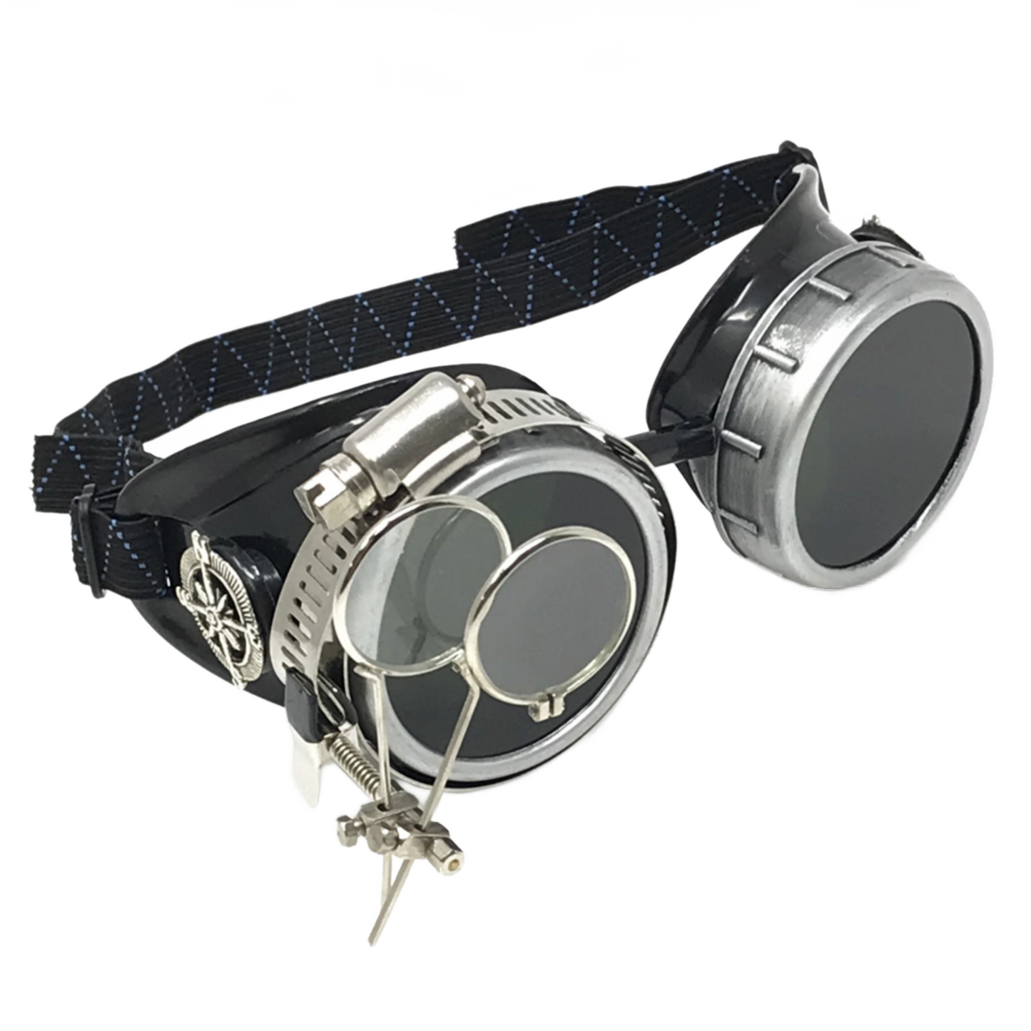 Handmade Steampunk Silver Goggles with Loupes - blue, red, green, clear, purple, black lenses