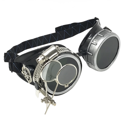 Handmade Steampunk Silver Goggles with Loupes - blue, red, green, clear, purple, black lenses