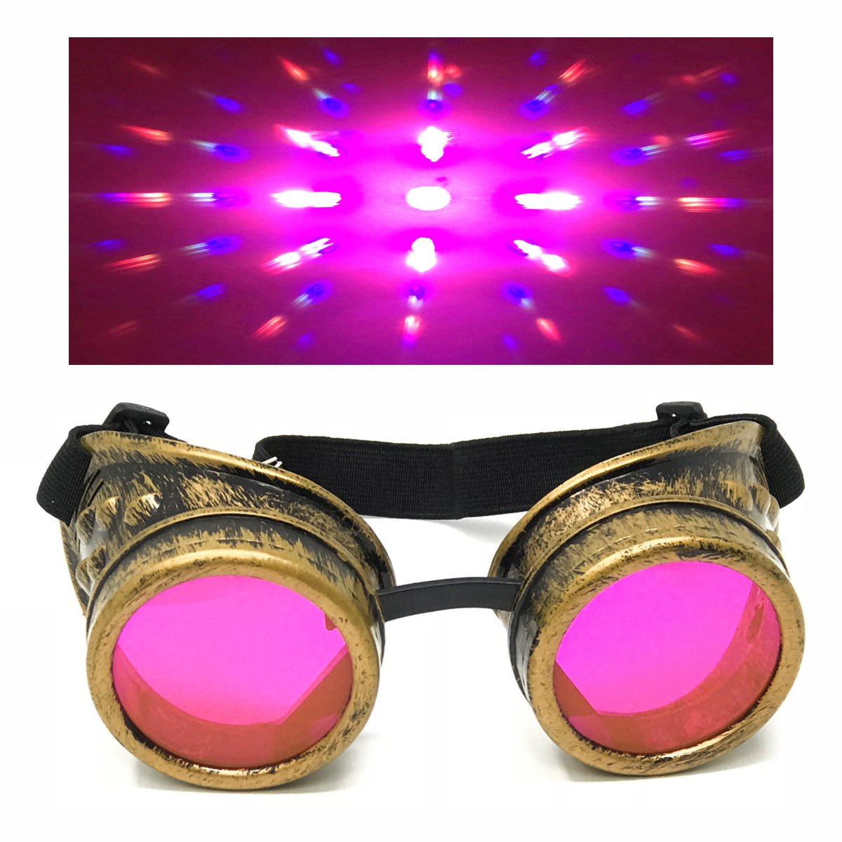 Wasteland Cyberpunk Goggles - Diffraction Lenses - neon pink, lime green, and neon orange lenses