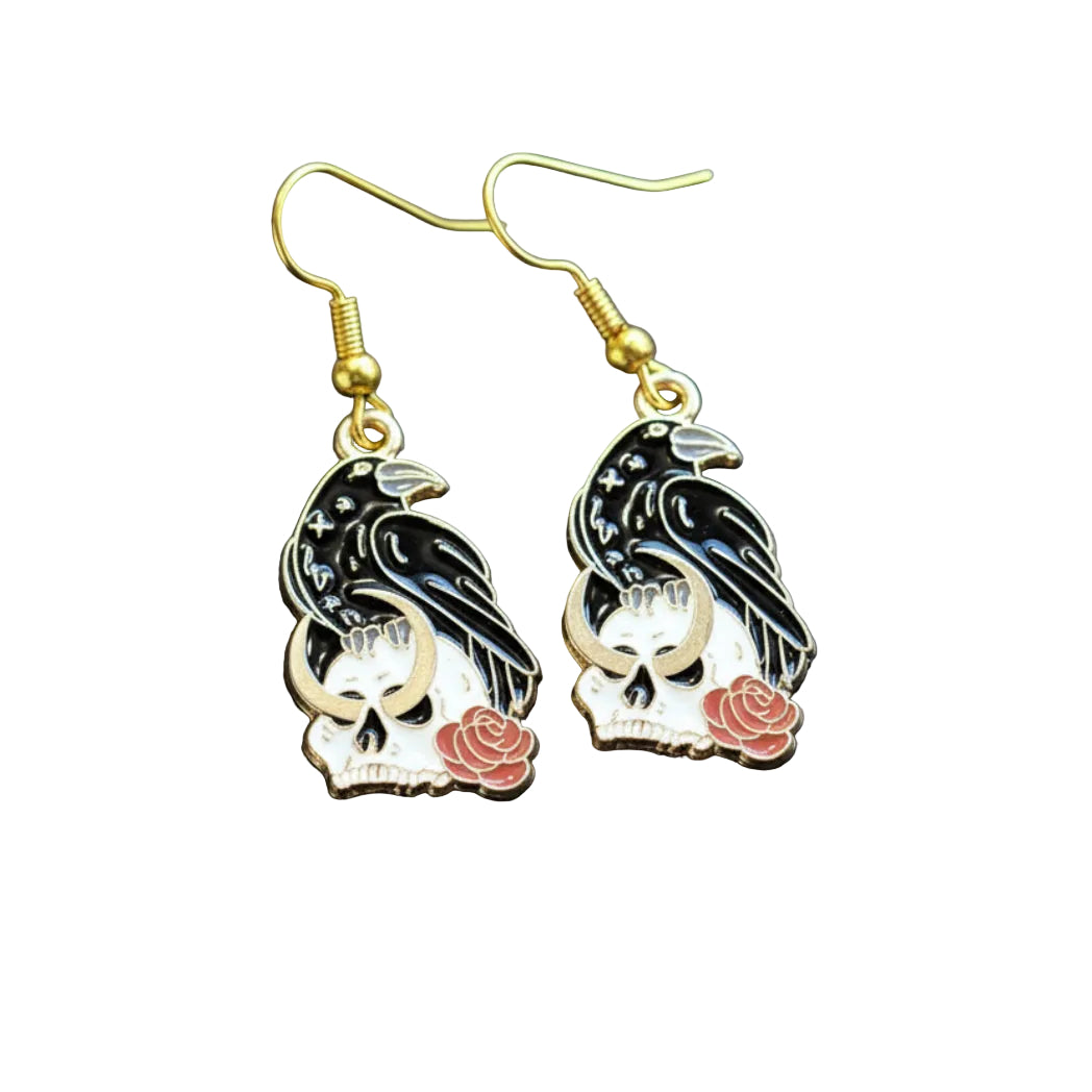 Black Crow Vanitas Gold Enamel Earrings