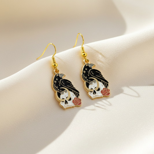 Black Crow Vanitas Gold Enamel Earrings