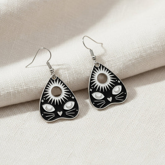 Ouija Planchette Silver Enamel Earrings